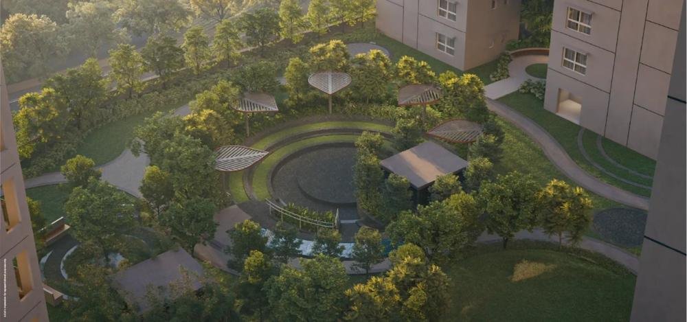 Landscaped podium garden with seating pavilions