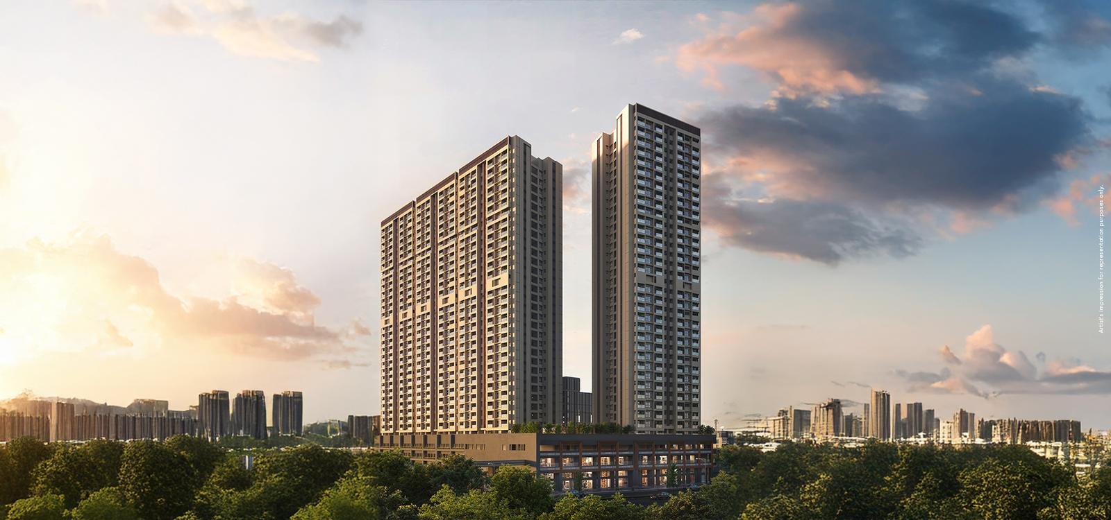 Godrej Elaris twin residential towers at Magarpatta–Mundhwa, Pune, at sunset