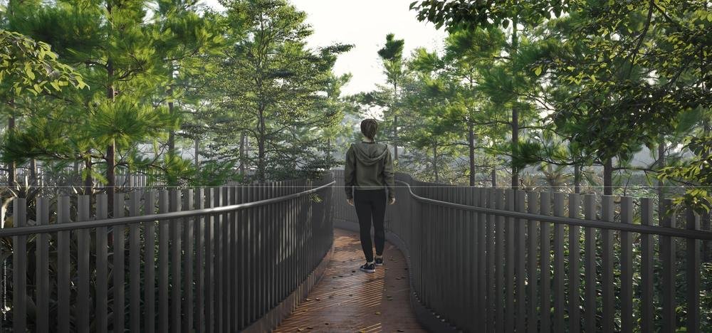 Elevated walkway through the 1-acre urban forest at Godrej Elaris